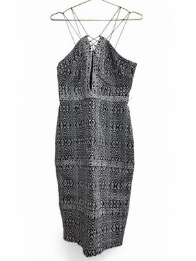Gianni Bini Navy Geometric Midi Dress with Lace-Up Back